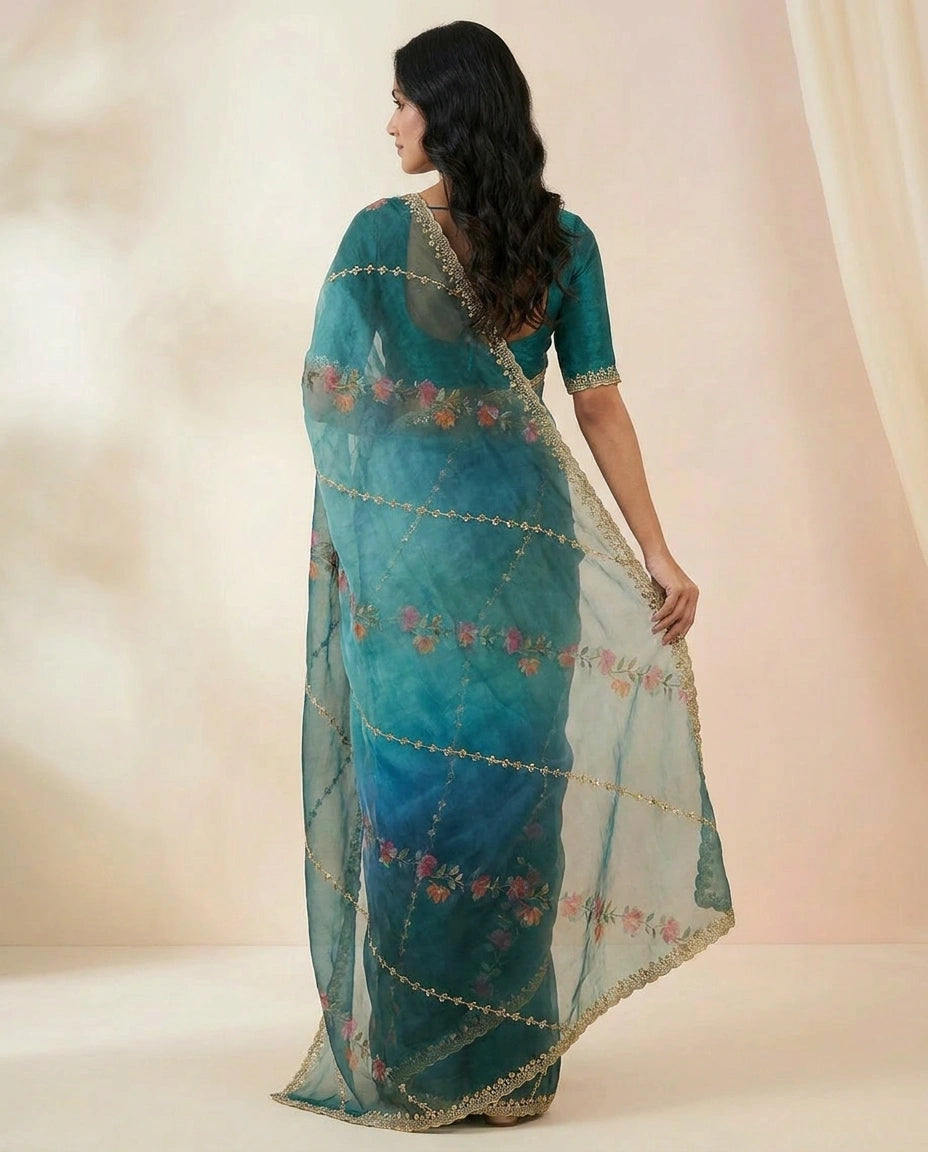Bottle Green Satin Embroidered Saree for Festive Wear