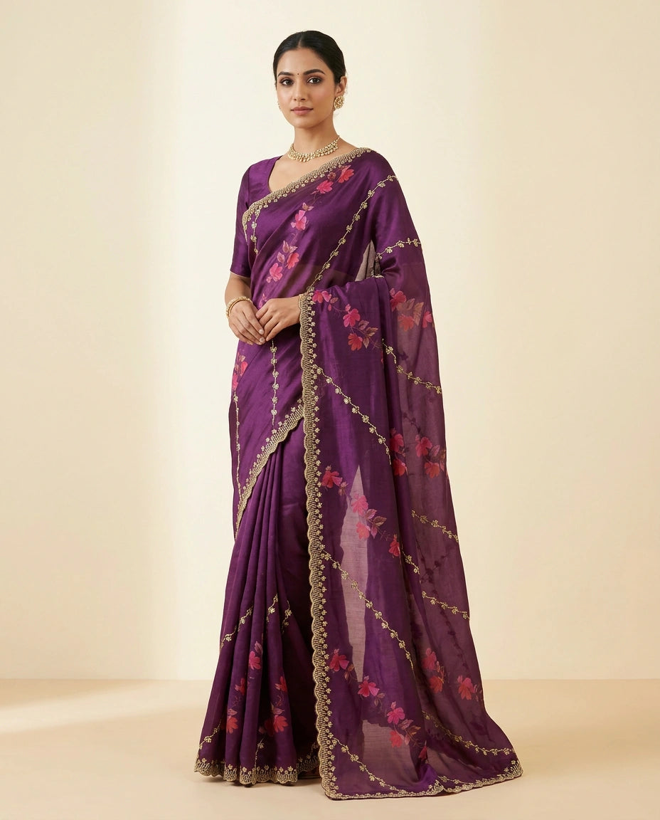 Bottle Green Satin Embroidered Saree for Festive Wear
