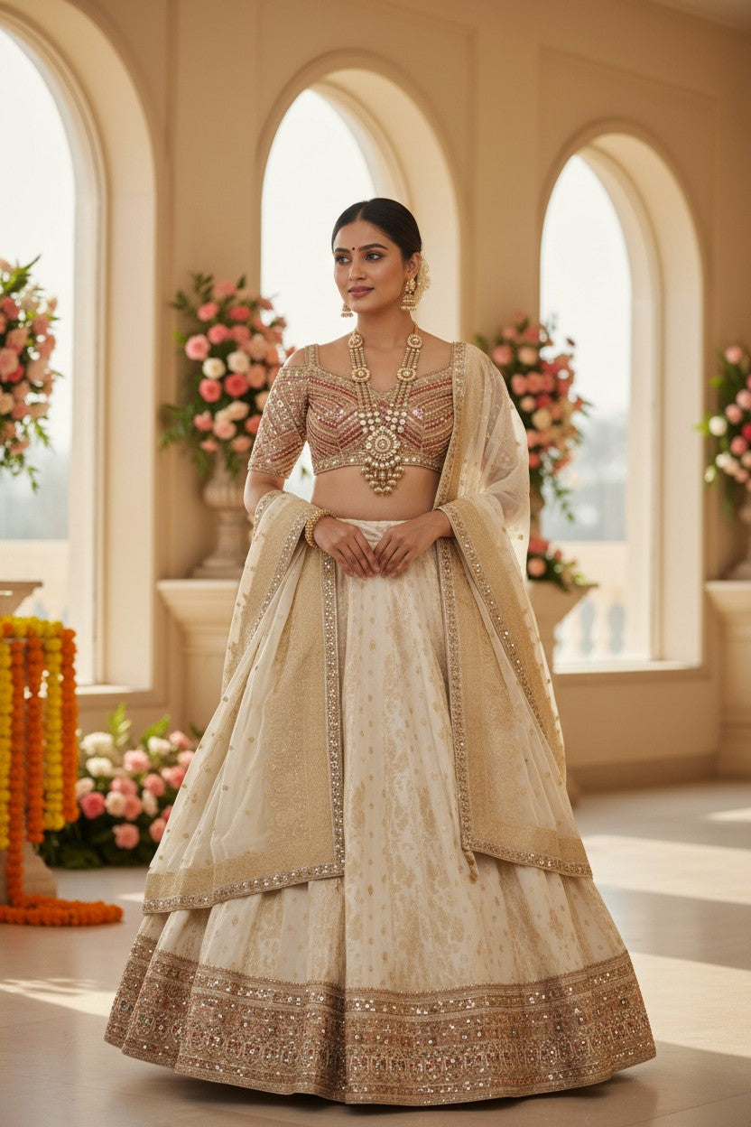 Beige Tissue Lehenga Set with Mirror Embroidery for Wedding Wear
