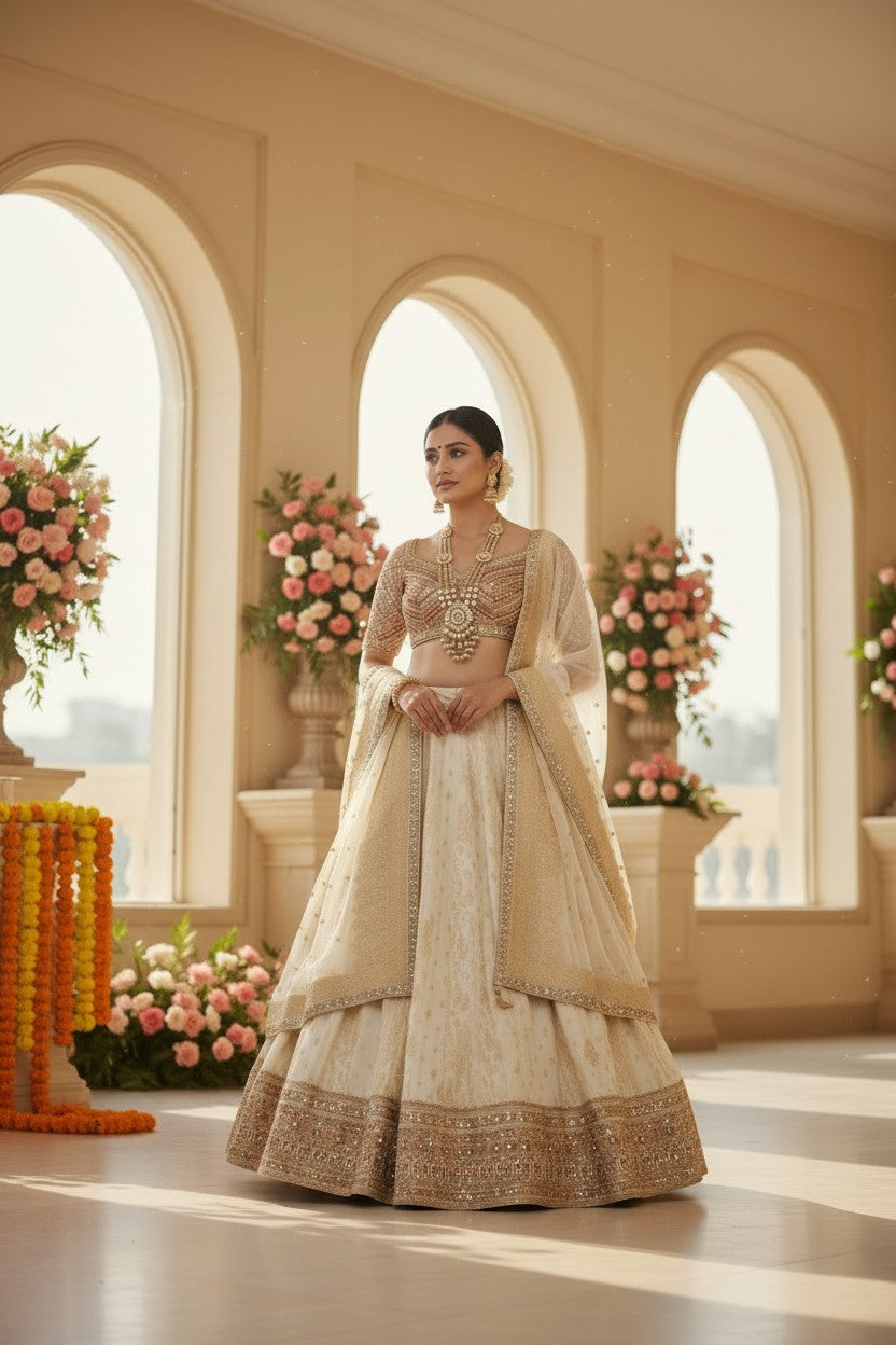 Beige Tissue Lehenga Set with Mirror Embroidery for Wedding Wear