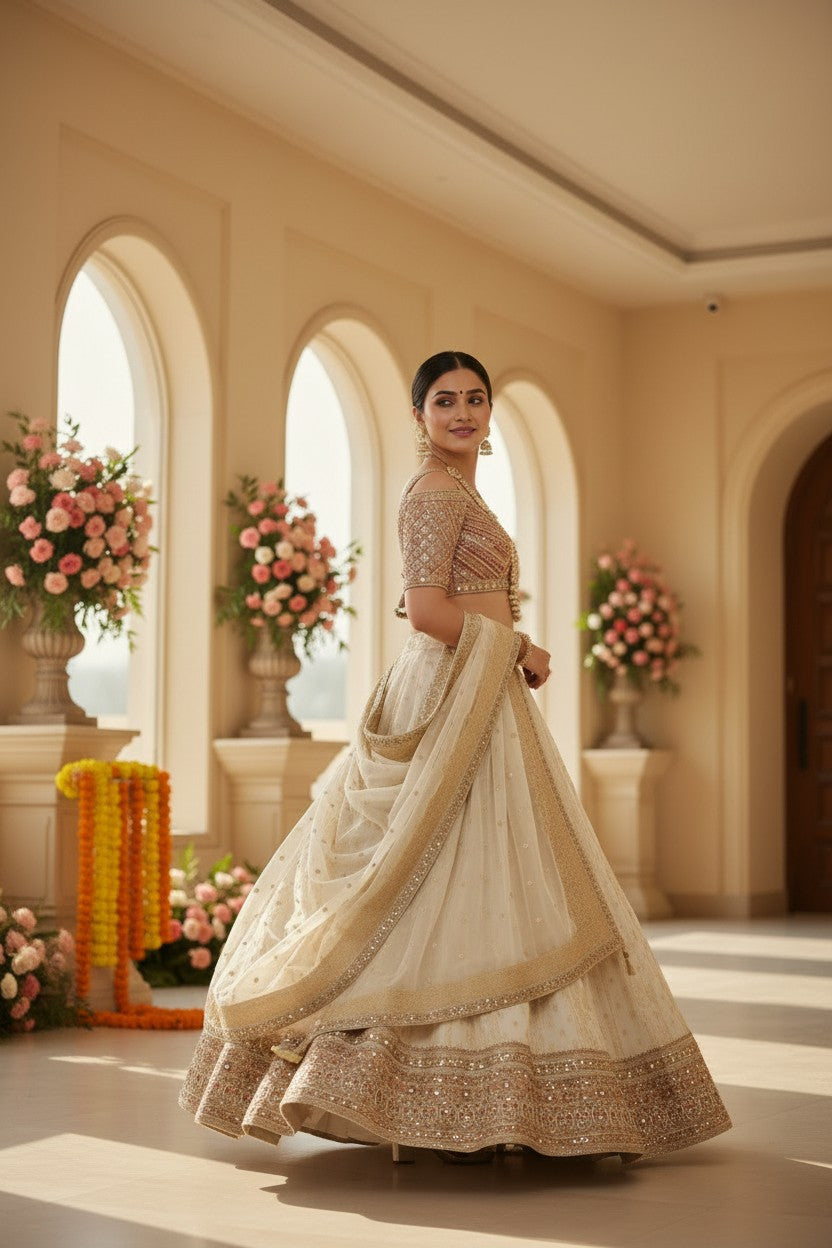 Beige Tissue Lehenga Set with Mirror Embroidery for Wedding Wear