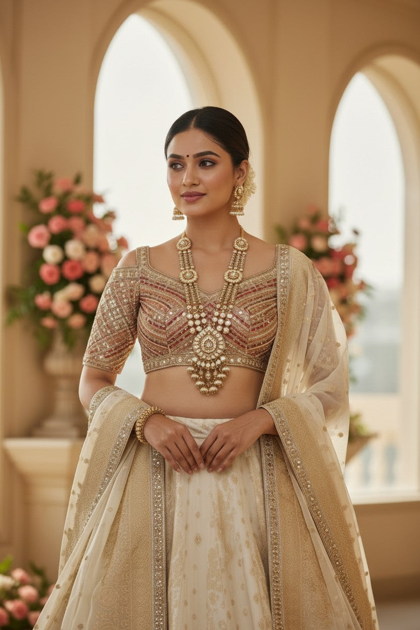 Beige Tissue Lehenga Set with Mirror Embroidery for Wedding Wear