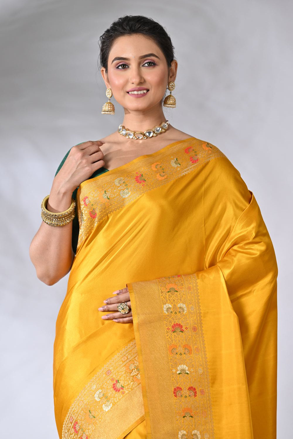 Mustard Banarasi Katan Opara Mashru Silk Saree