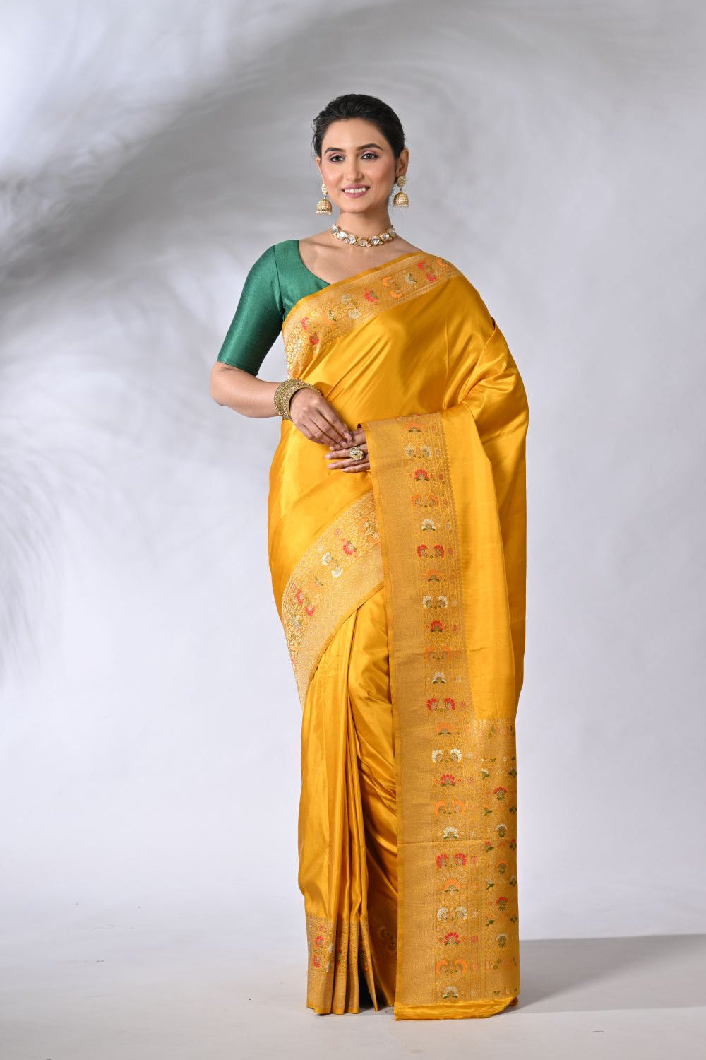 Mustard Banarasi Katan Opara Mashru Silk Saree