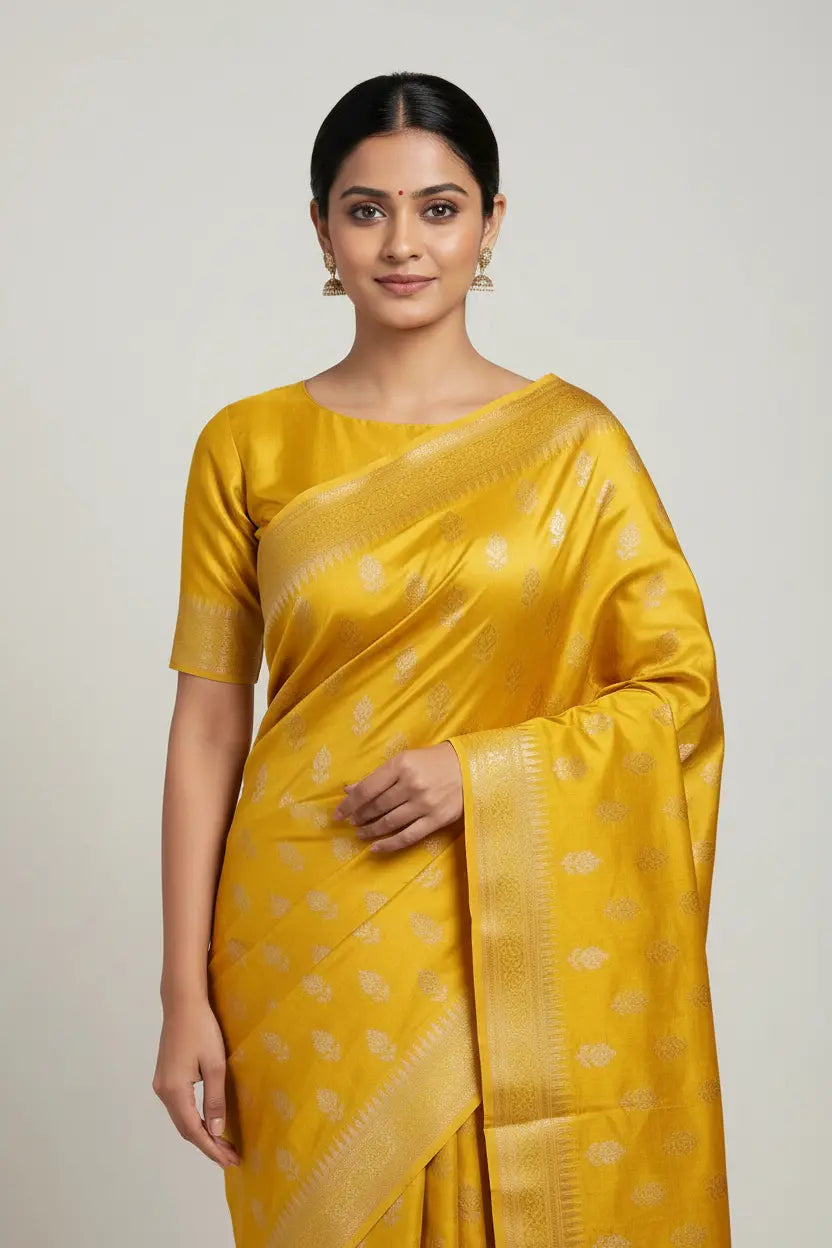 Woman wearing a yellow saree with a subtle pattern on a plain background