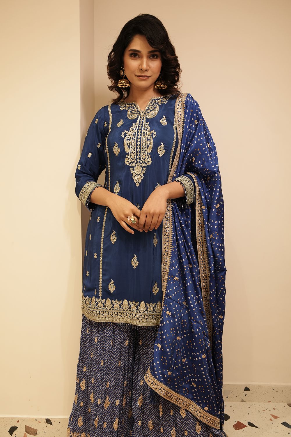 Royal Blue Crepe Silk Embroidered Suit with Palazzo & Dupatta