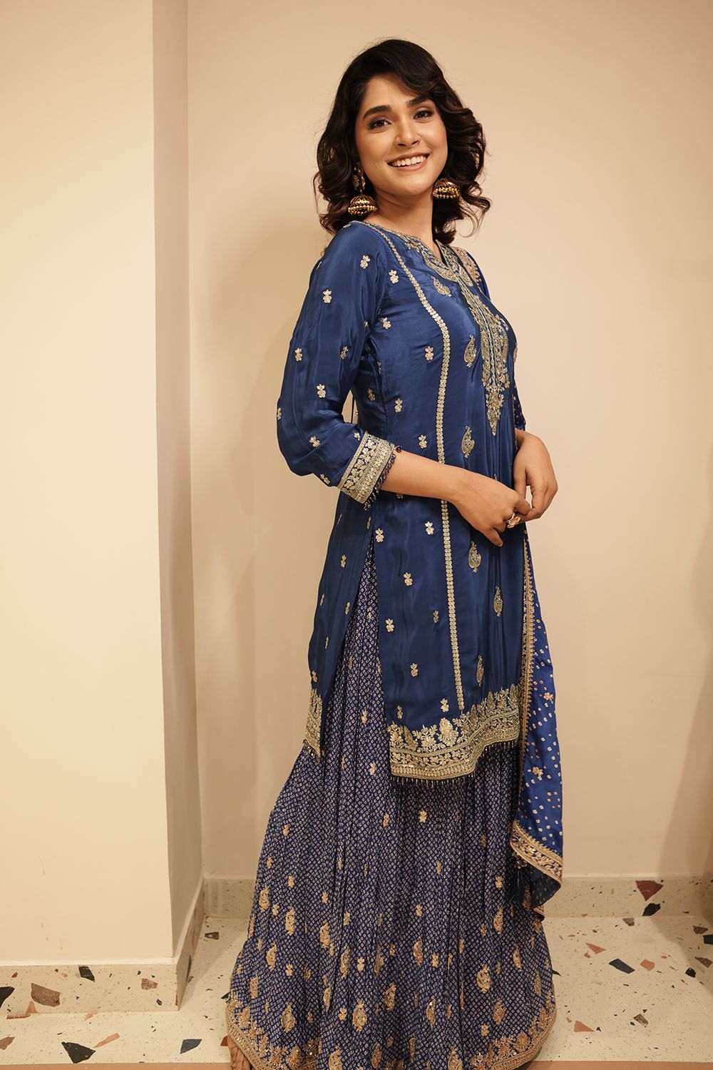 Royal Blue Crepe Silk Embroidered Suit with Palazzo & Dupatta