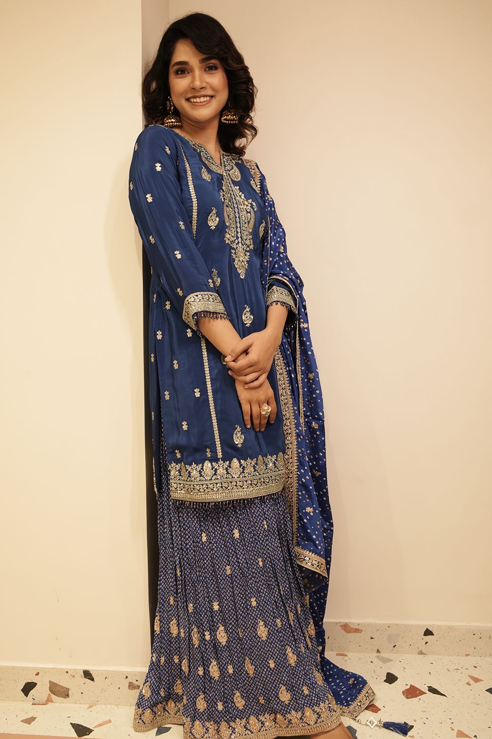 Royal Blue Crepe Silk Embroidered Suit with Palazzo & Dupatta