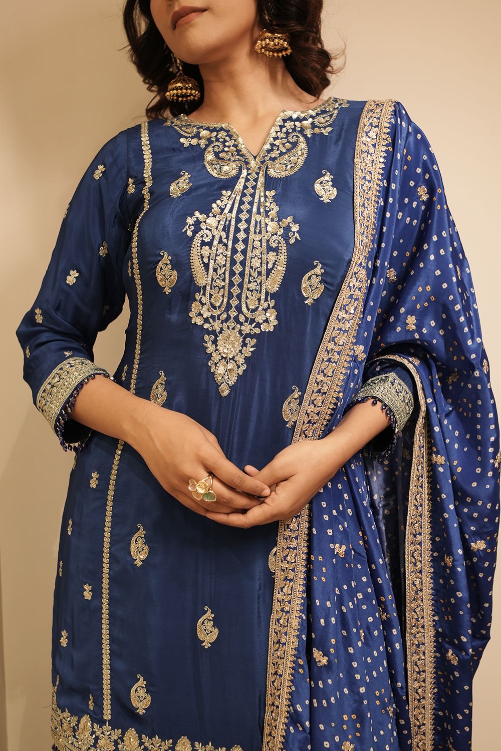 Royal Blue Crepe Silk Embroidered Suit with Palazzo & Dupatta