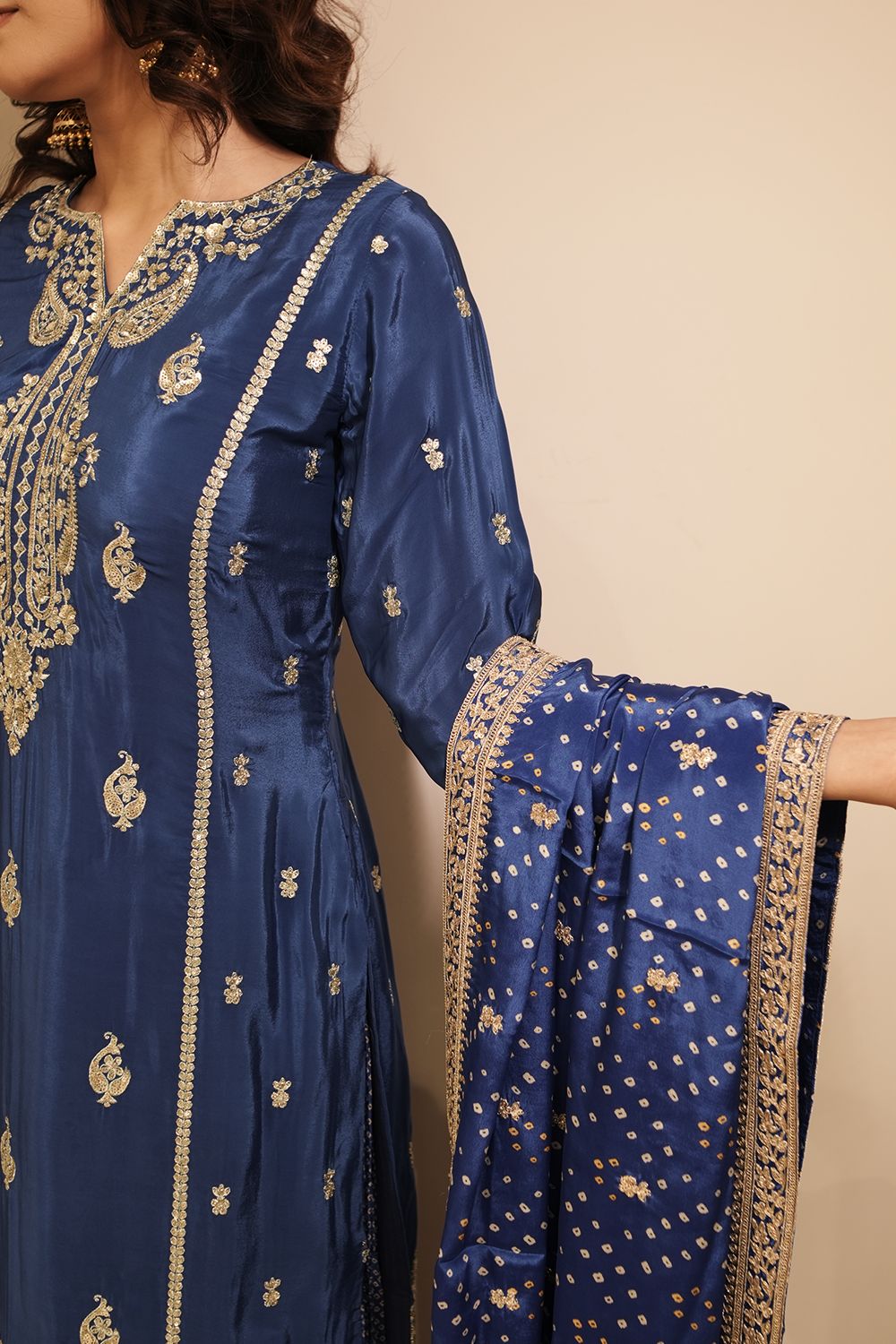 Royal Blue Crepe Silk Embroidered Suit with Palazzo & Dupatta