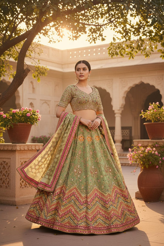 Pista Green Crepe Silk Lehenga Set for Wedding Wear