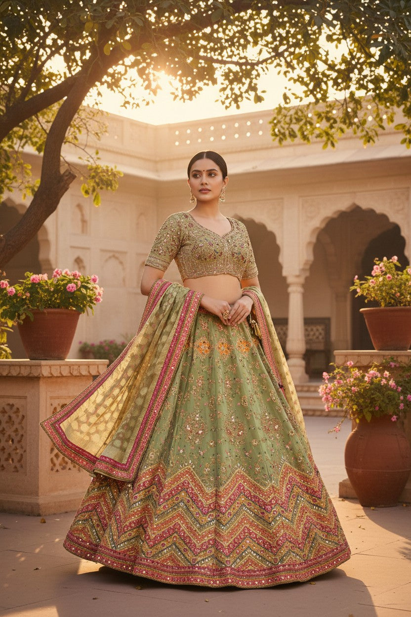 Pista Green Crepe Silk Lehenga Set for Wedding Wear