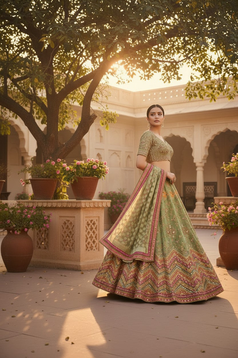 Pista Green Crepe Silk Lehenga Set for Wedding Wear