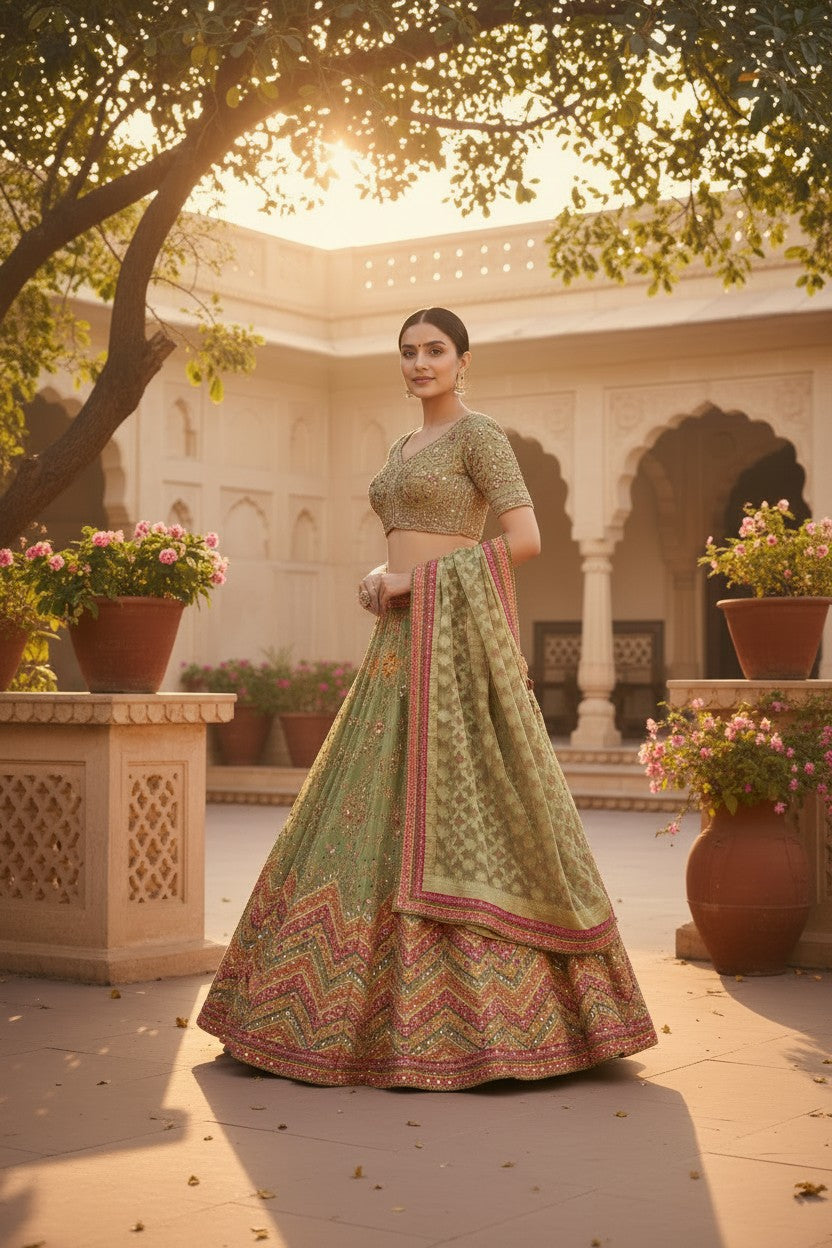 Pista Green Crepe Silk Lehenga Set for Wedding Wear