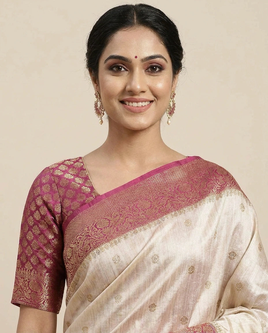 Raw Silk Banarasi Saree with Woven Border - Rangoli India