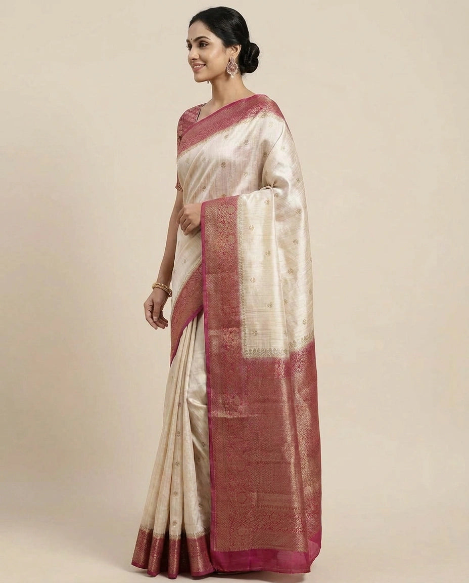 Raw Silk Banarasi Saree with Woven Border - Rangoli India