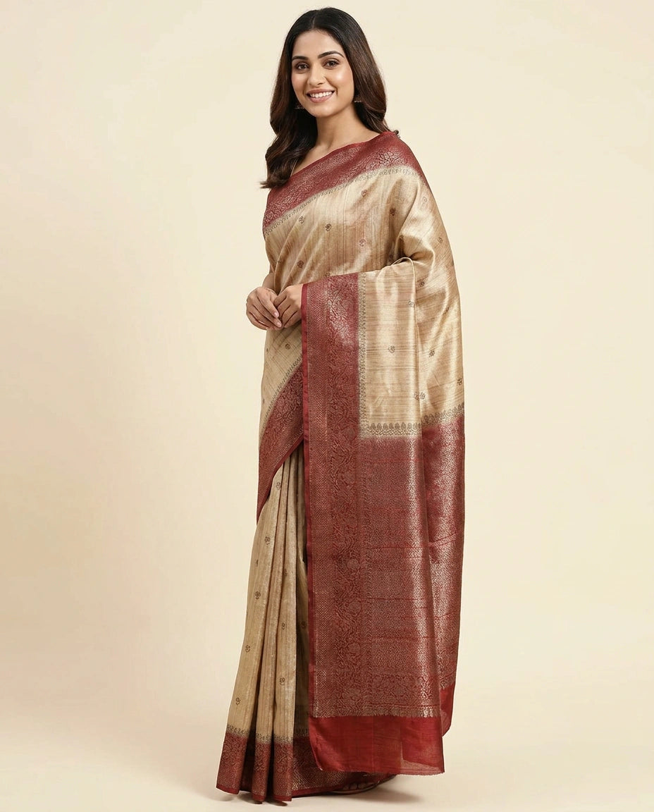 Raw Silk Banarasi Saree with Woven Border - Rangoli India