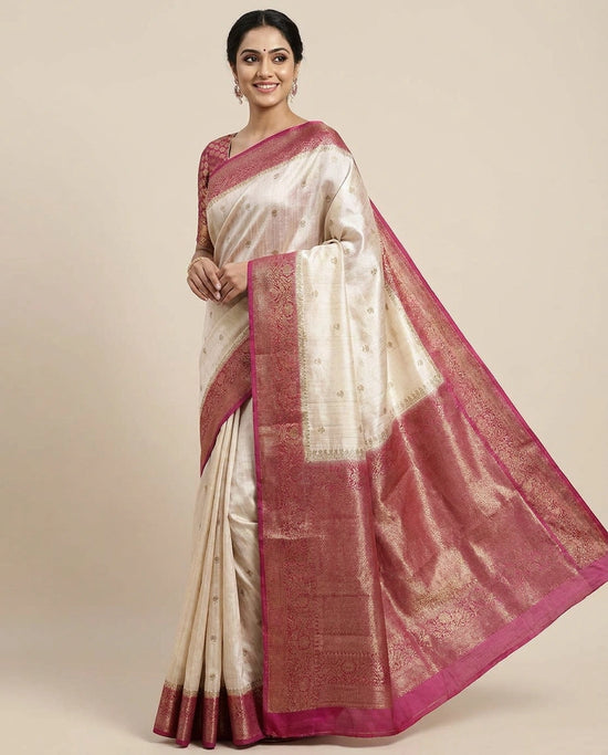 Raw Silk Banarasi Saree with Woven Border - Rangoli India