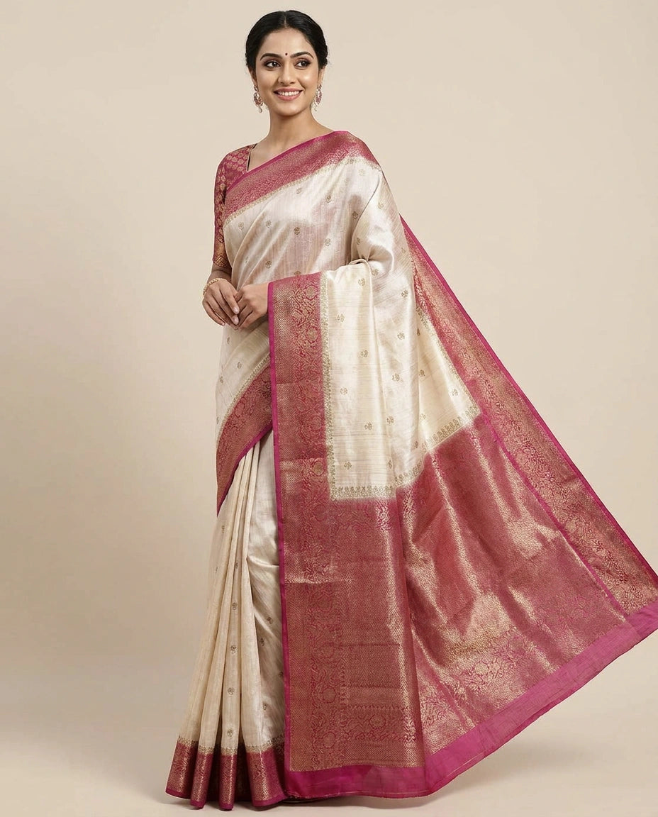 Raw Silk Banarasi Saree with Woven Border - Rangoli India