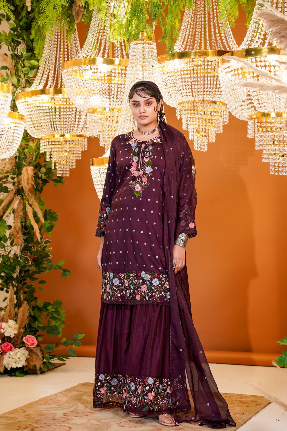 Wine Sharara Suit Set