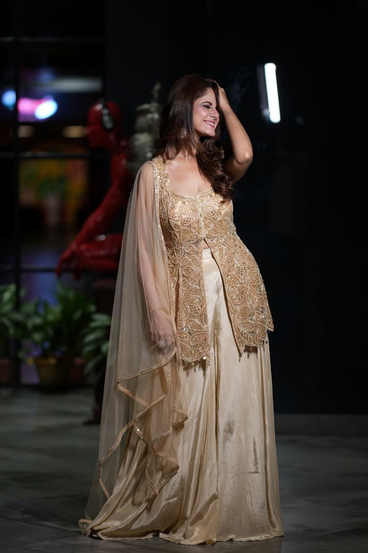 Beige Chinon Suit Jacket Palazzo Set - satin Indian ethnic wear by Rangoli