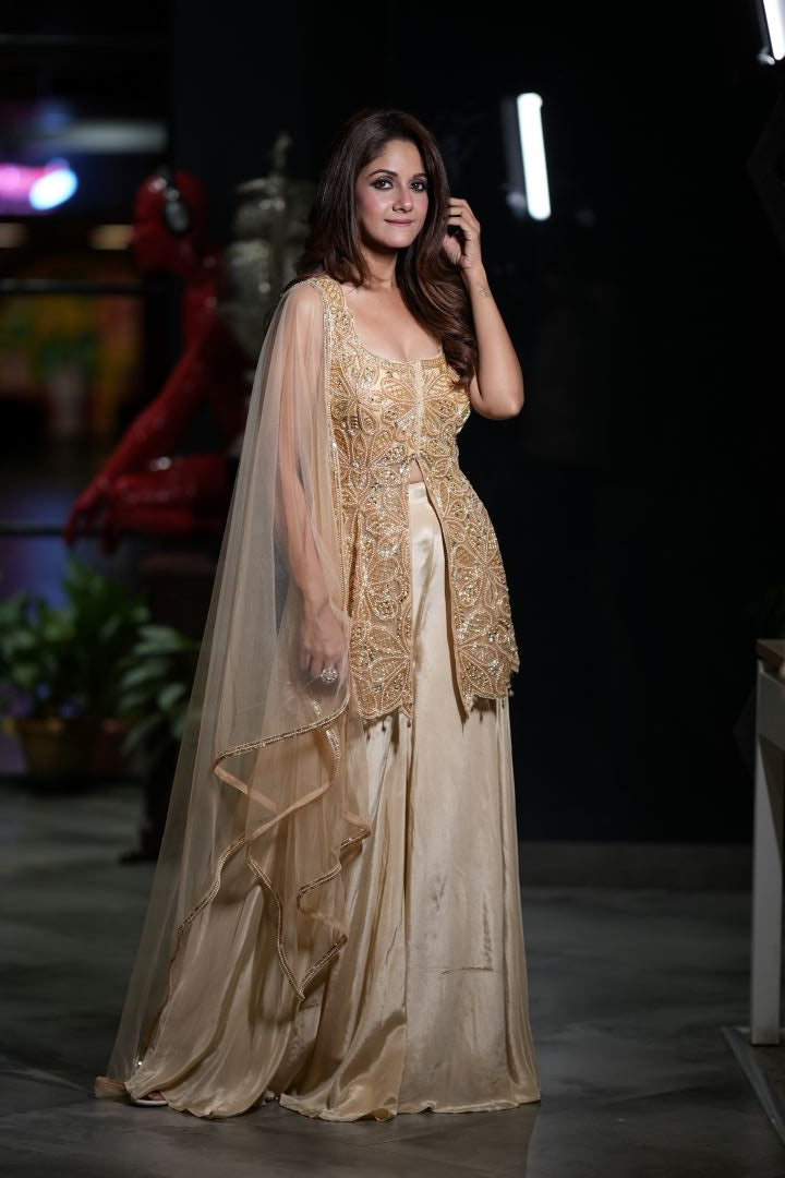 Beige Chinon Suit Jacket Palazzo Set - satin Indian ethnic wear by Rangoli