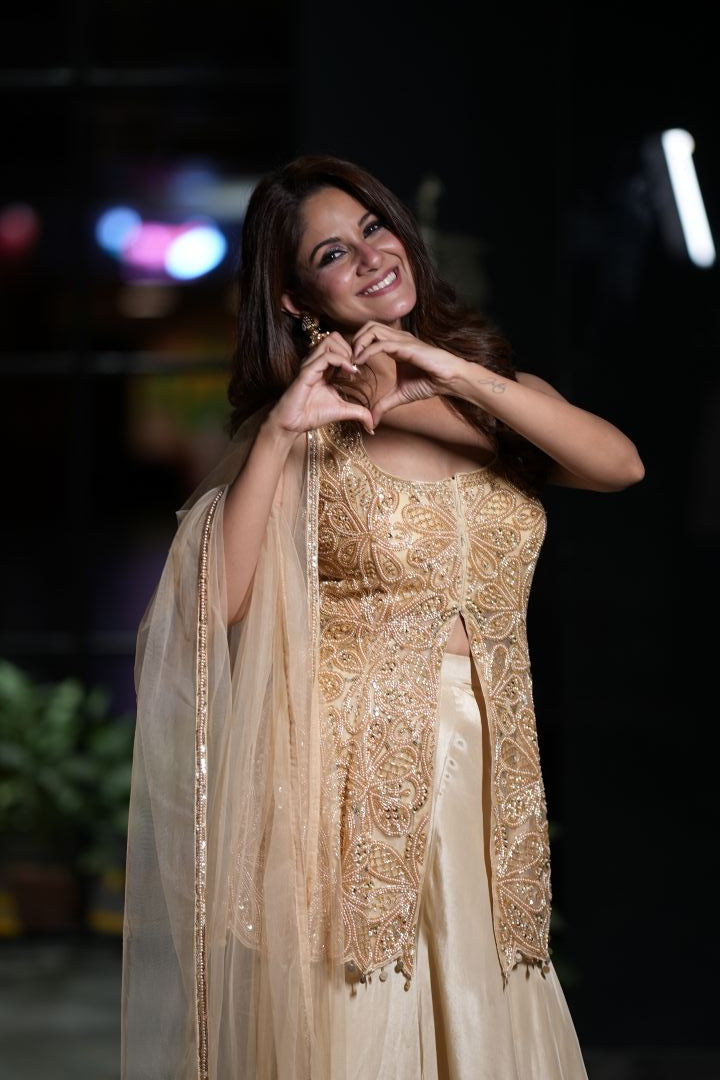 Beige Chinon Suit Jacket Palazzo Set - satin Indian ethnic wear by Rangoli