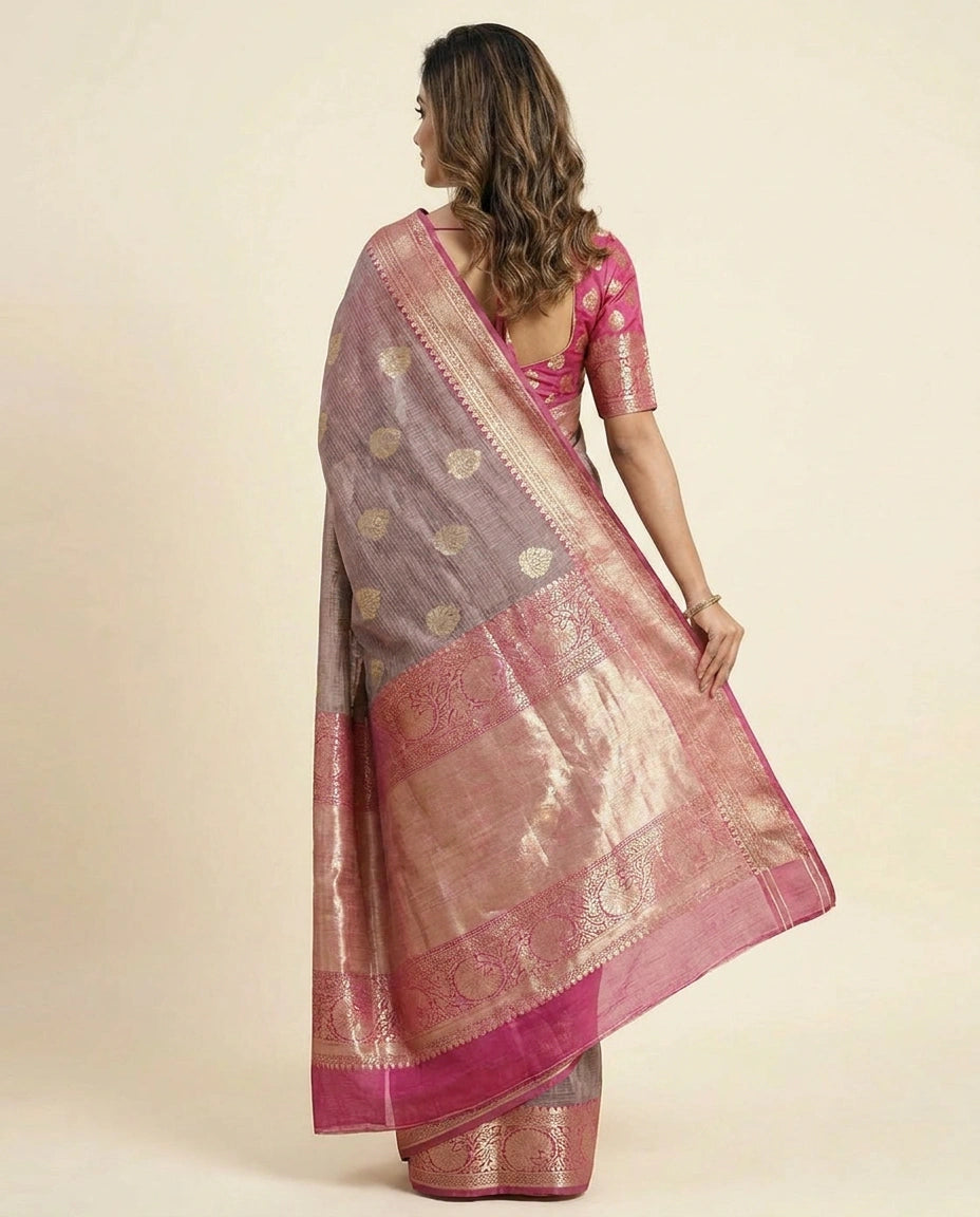 Raw Silk Banarasi Saree with Woven Floral Motifs - Rangoli India