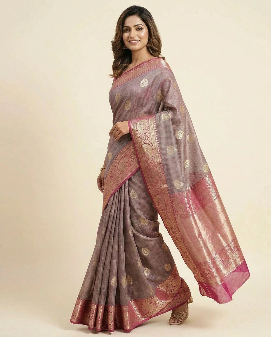Raw Silk Banarasi Saree with Woven Floral Motifs - Rangoli India