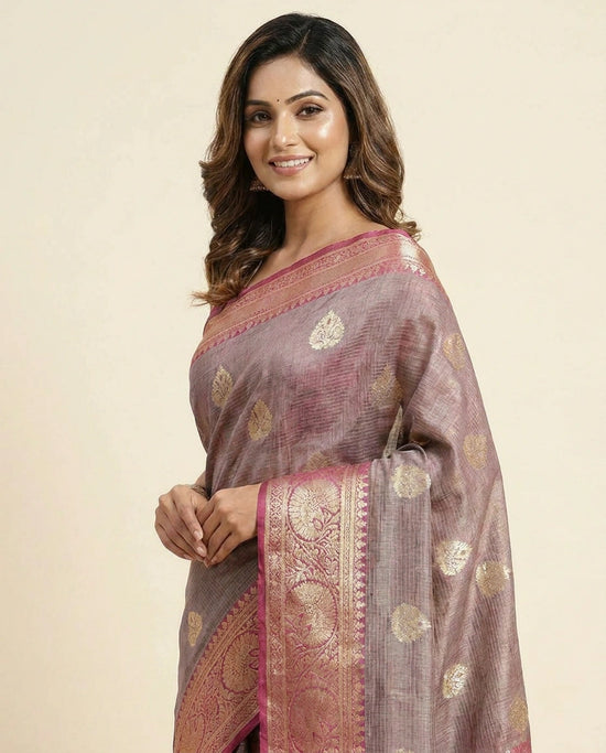 Raw Silk Banarasi Saree with Woven Floral Motifs - Rangoli India