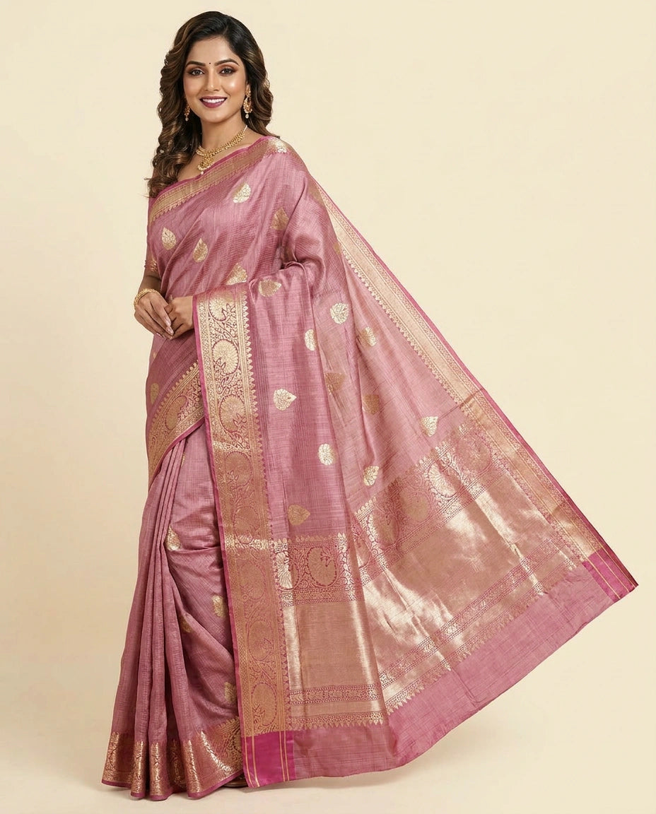 Raw Silk Banarasi Saree with Woven Floral Motifs - Rangoli India