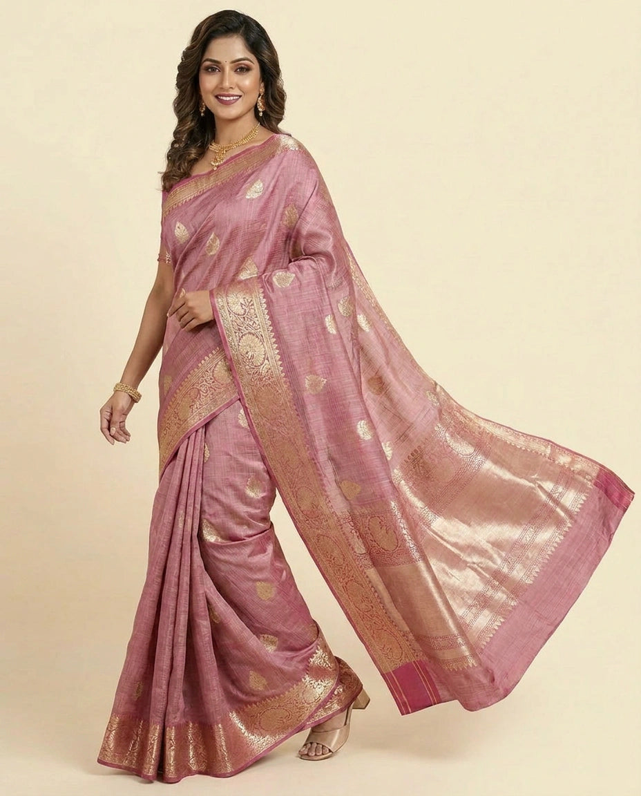 Raw Silk Banarasi Saree with Woven Floral Motifs - Rangoli India
