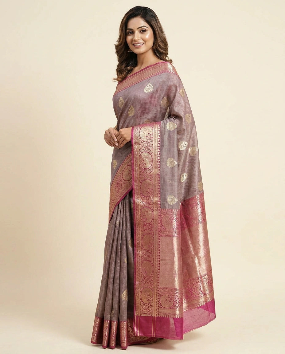 Raw Silk Banarasi Saree with Woven Floral Motifs - Rangoli India