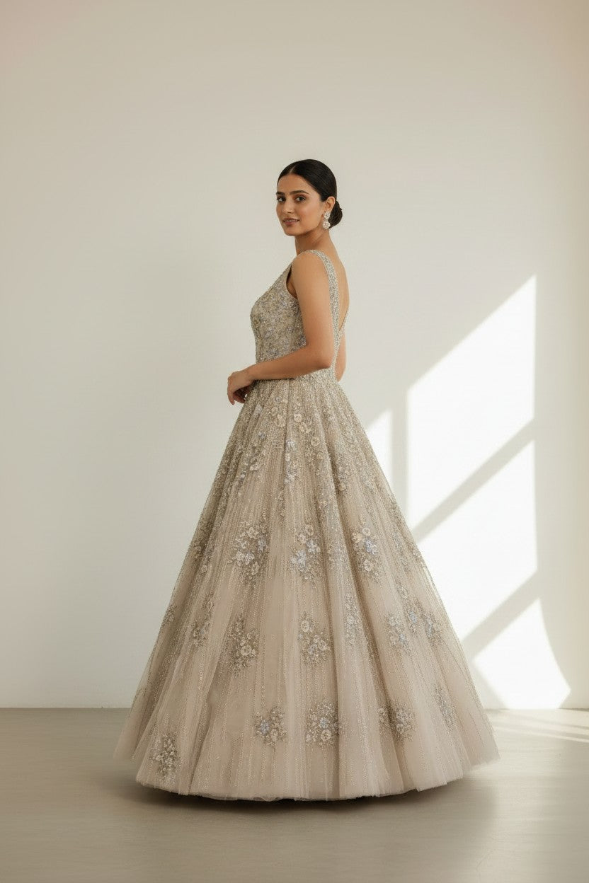 Premium Embroidered Net Suit Gown - View 2 | Rangoli