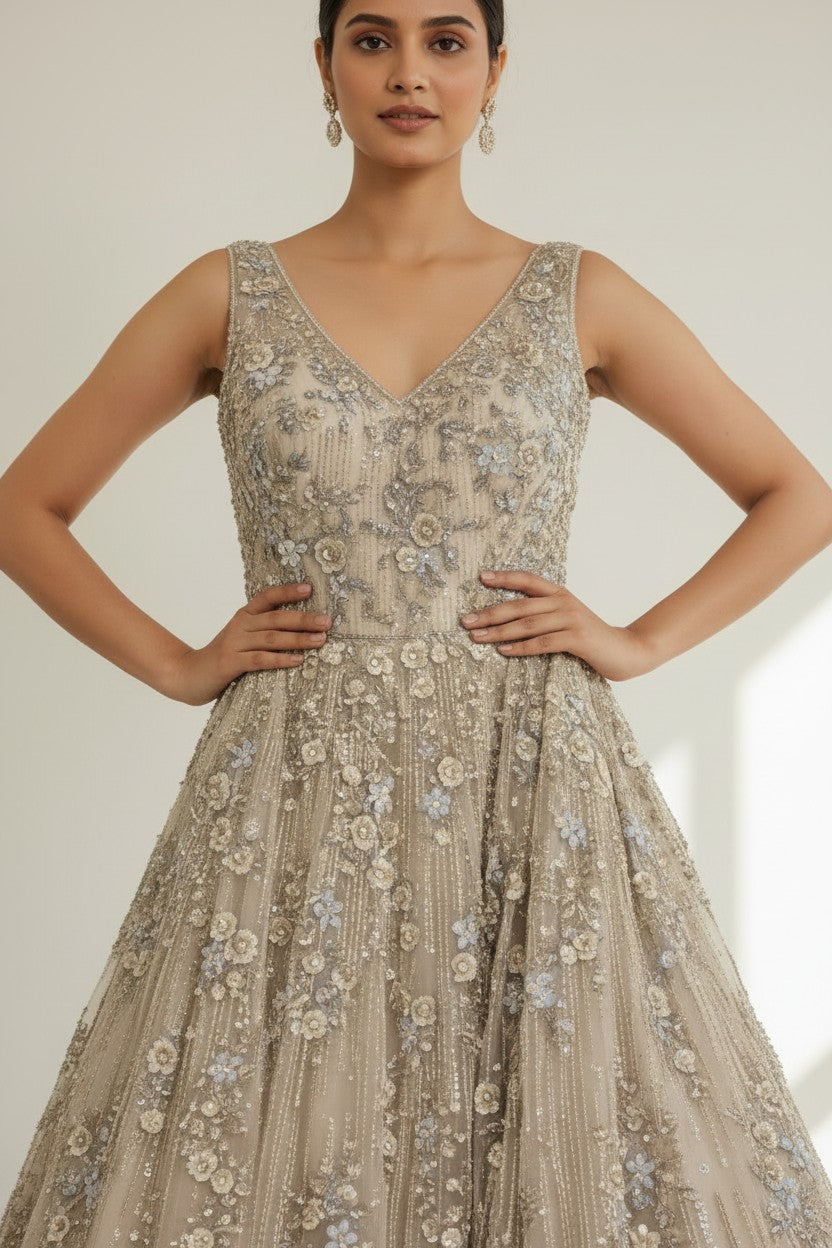 Premium Embroidered Net Suit Gown - View 3 | Rangoli