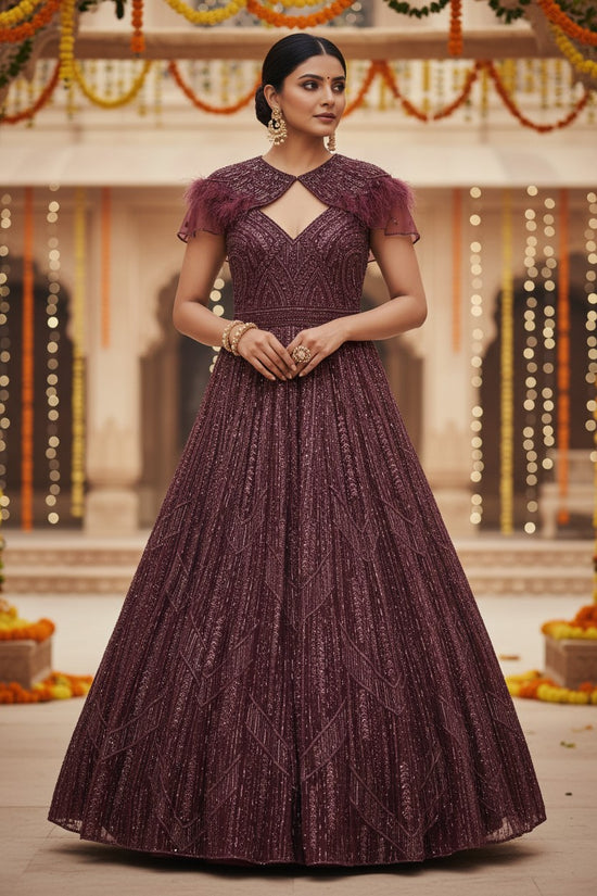 Wine Net Anarkali Gown with Crystal Work for Cocktail Night