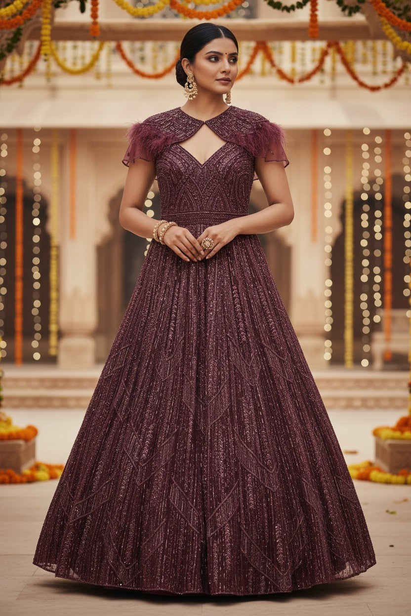 Wine Net Anarkali Gown with Crystal Work for Cocktail Night