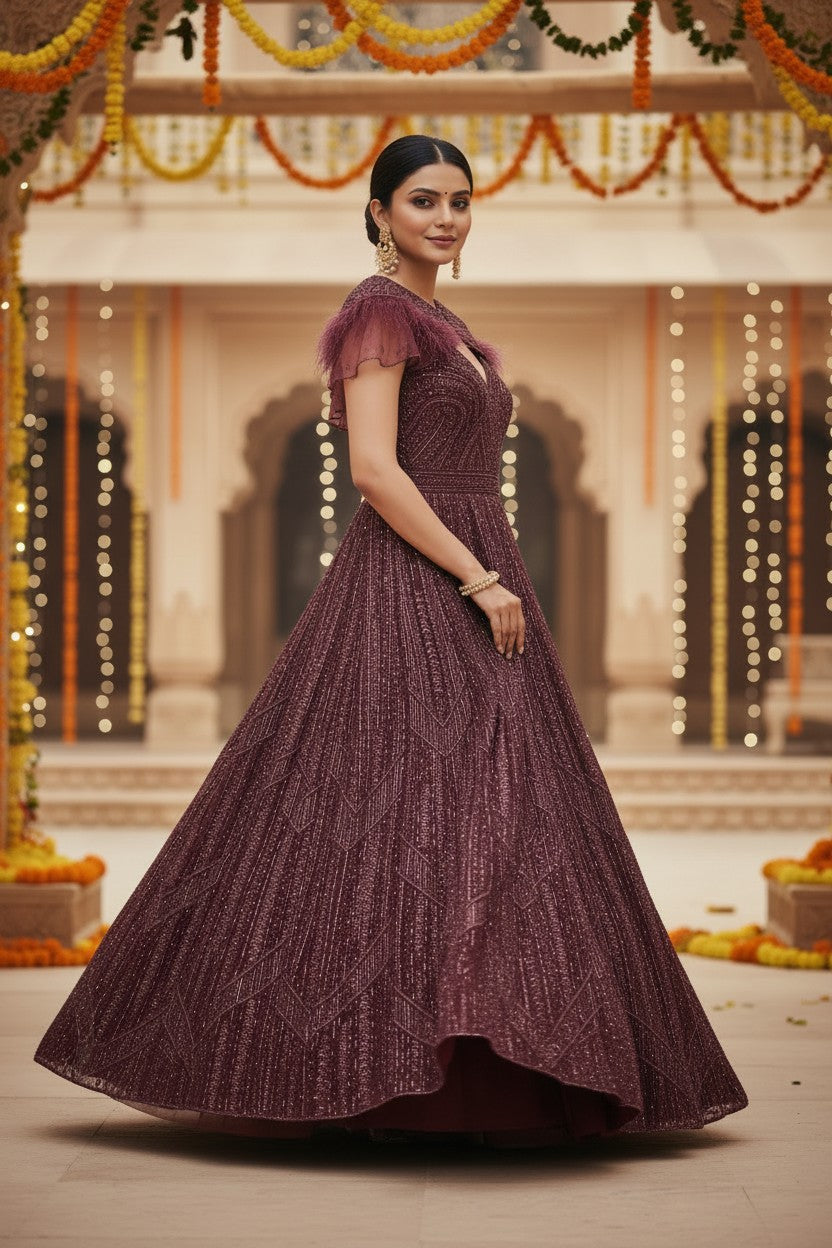 Wine Net Anarkali Gown with Crystal Work for Cocktail Night