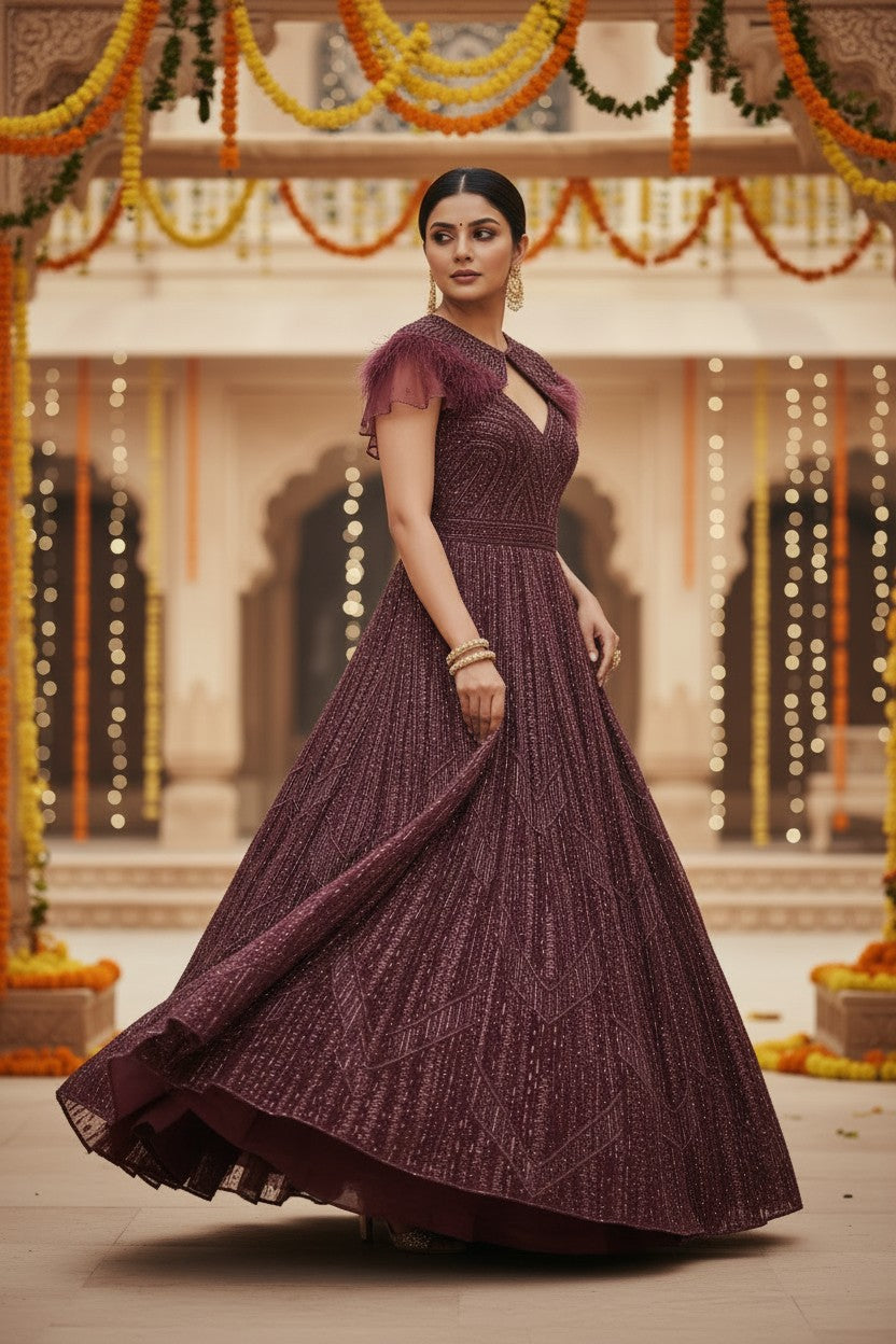 Wine Net Anarkali Gown with Crystal Work for Cocktail Night