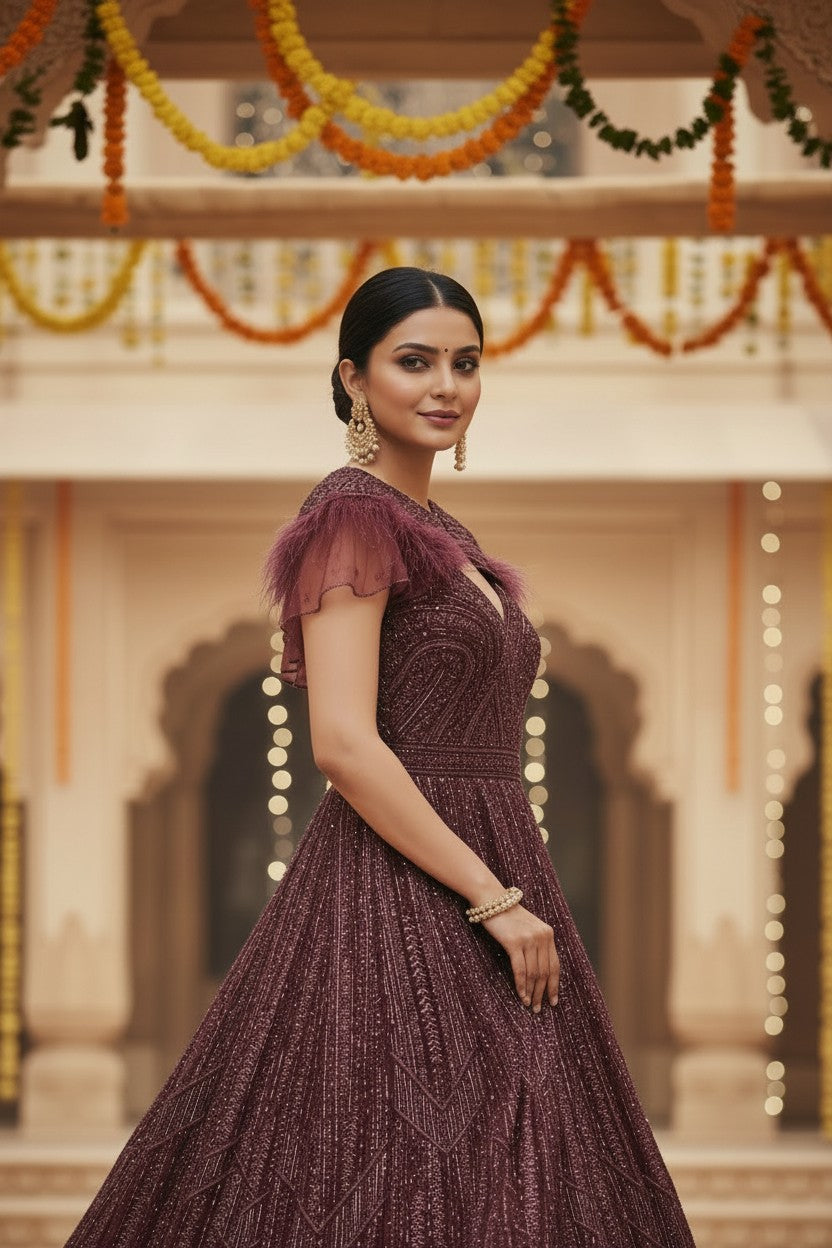 Wine Net Anarkali Gown with Crystal Work for Cocktail Night