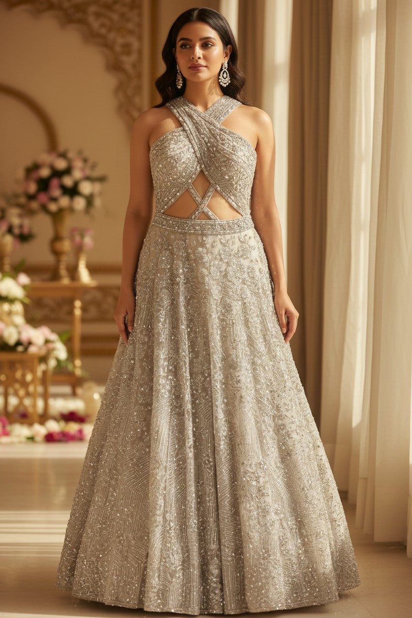 Grey Net Anarkali Gown with Mirror Bodice for Engagement Day