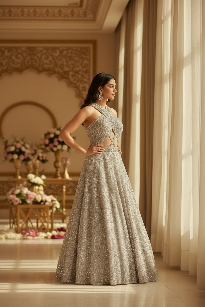Grey Net Anarkali Gown with Mirror Bodice for Engagement Day