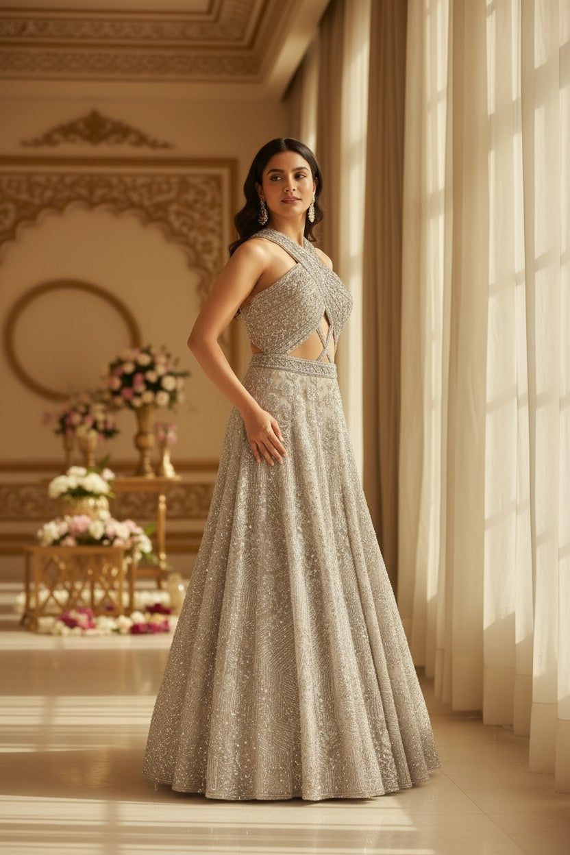 Grey Net Anarkali Gown with Mirror Bodice for Engagement Day