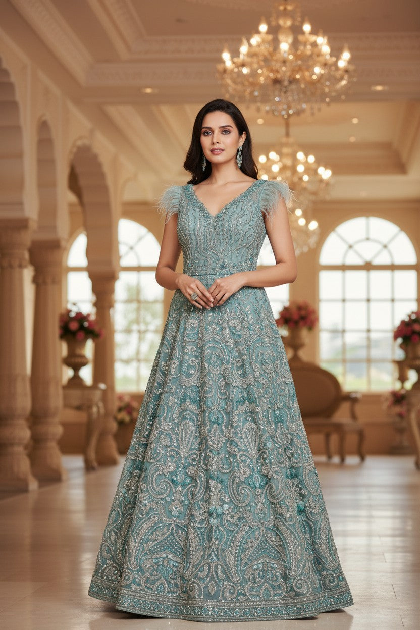 Dusty Blue Net Anarkali Gown with Dabka Detail for Family Wedding
