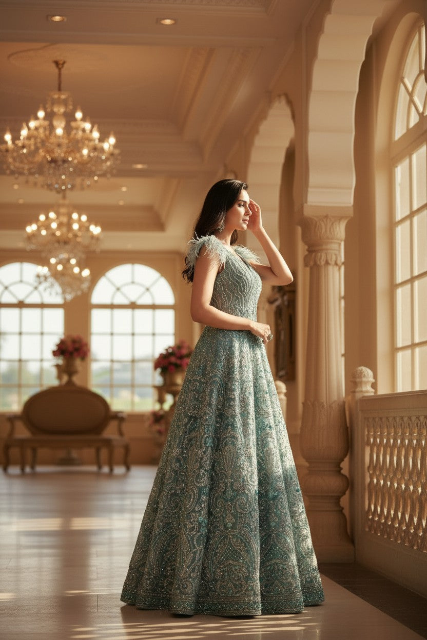 Dusty Blue Net Anarkali Gown with Dabka Detail for Family Wedding
