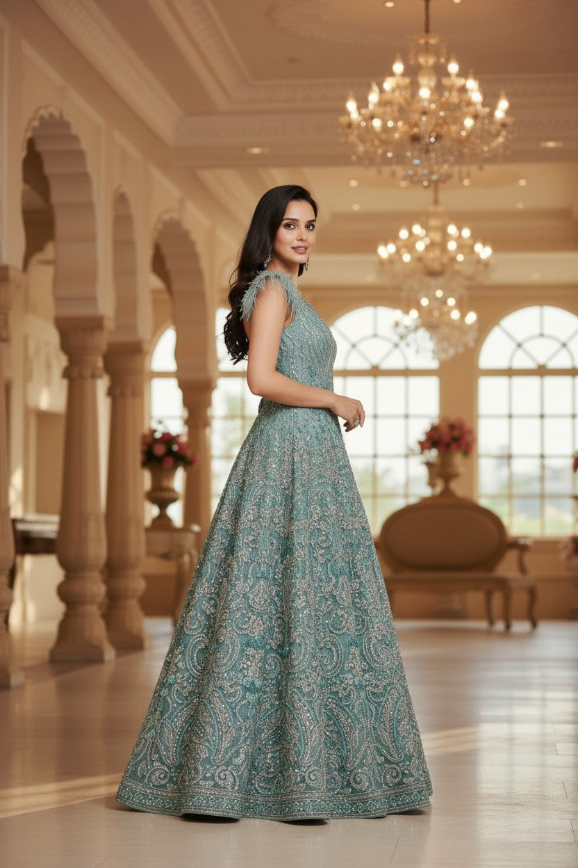 Dusty Blue Net Anarkali Gown with Dabka Detail for Family Wedding