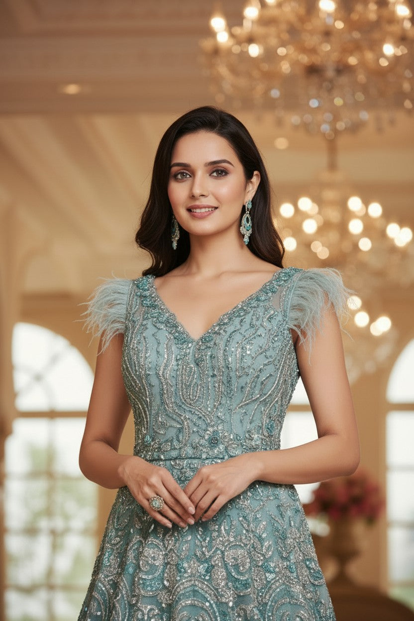 Dusty Blue Net Anarkali Gown with Dabka Detail for Family Wedding