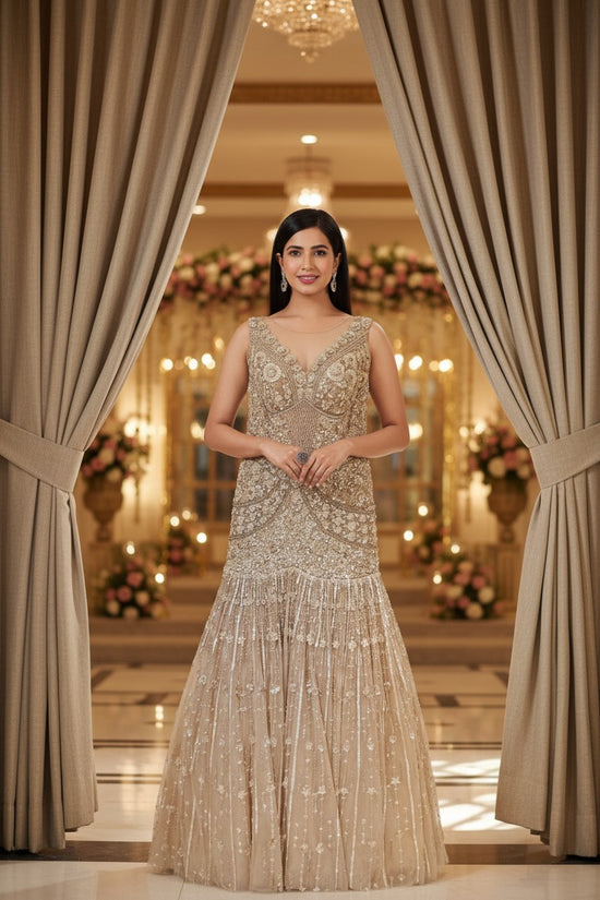 Beige Net Anarkali Gown with Thread Bodice for Walima Night