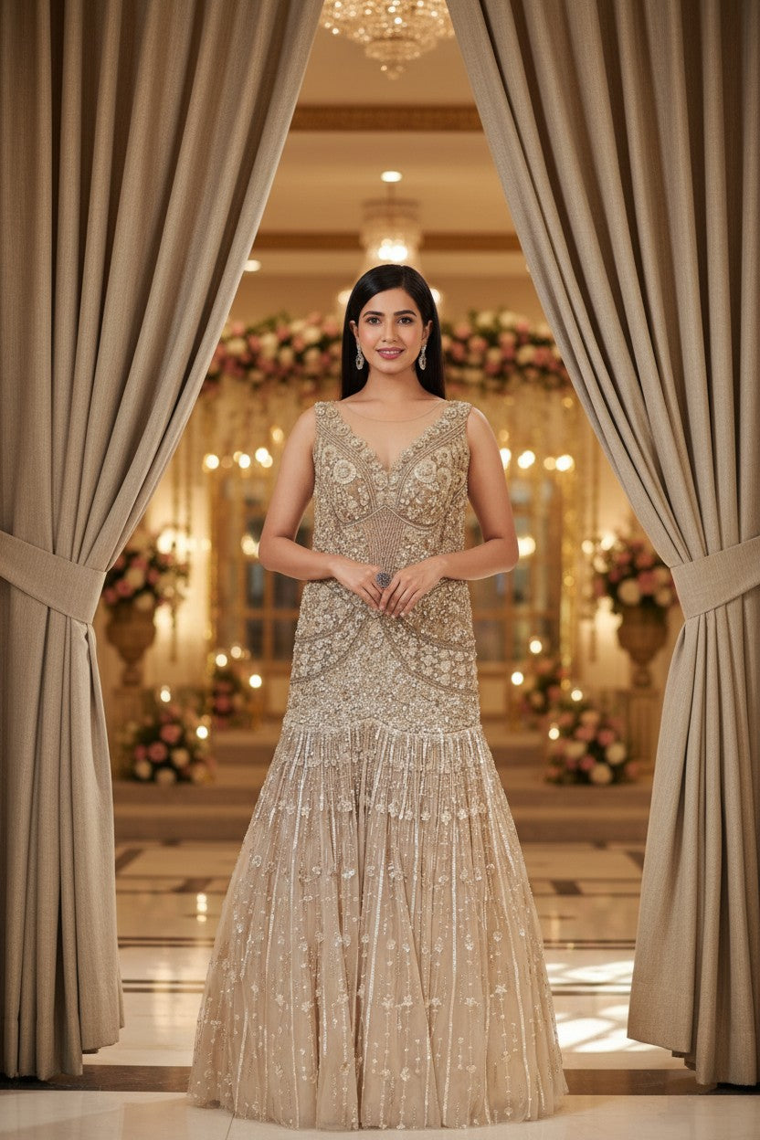 Beige Net Anarkali Gown with Thread Bodice for Walima Night