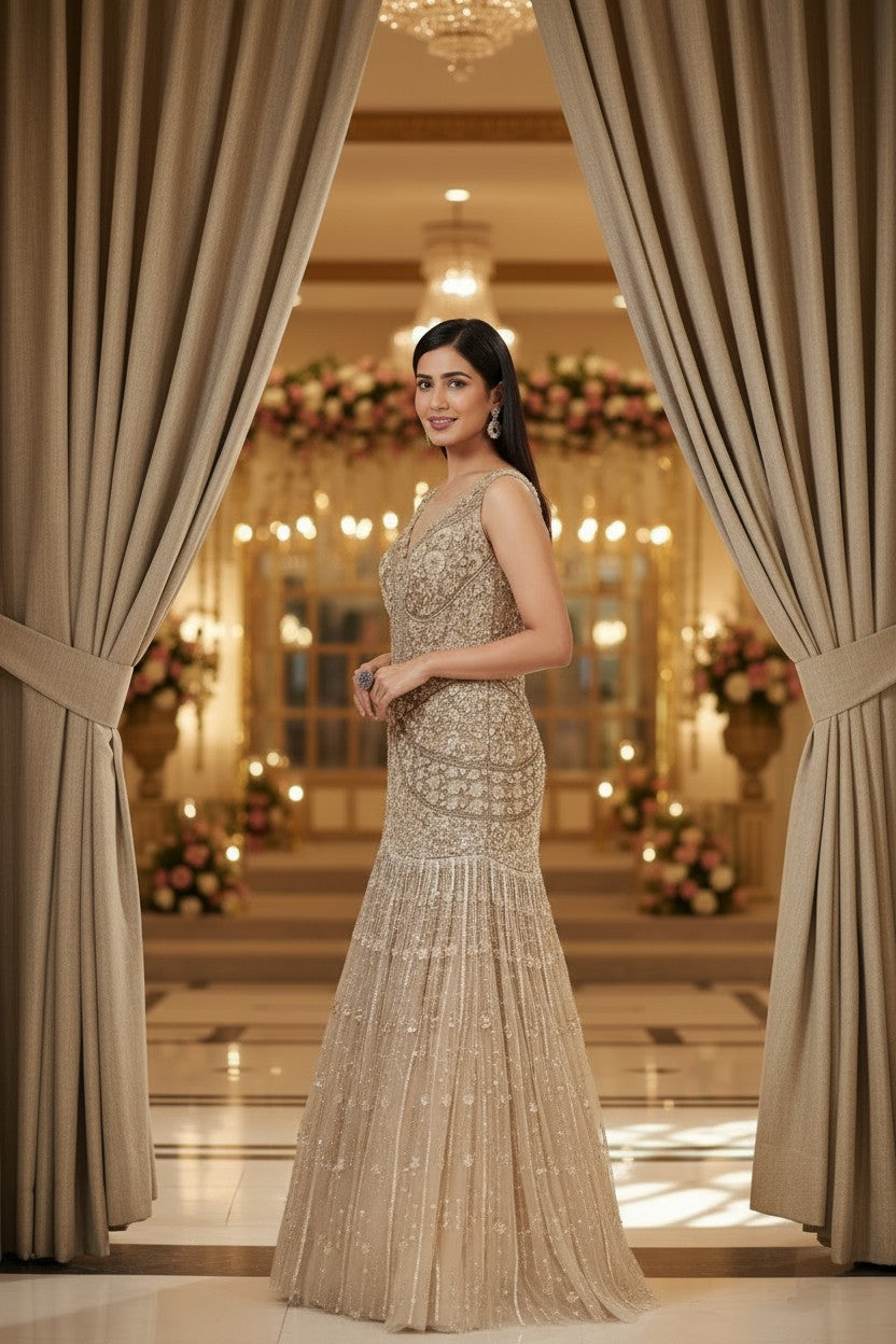 Beige Net Anarkali Gown with Thread Bodice for Walima Night